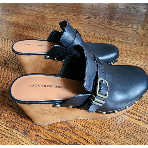 Lucky Brand Leather Wedge Clog Mules Black Studded Buckle Leather 9.5 - Picture 5 of 16